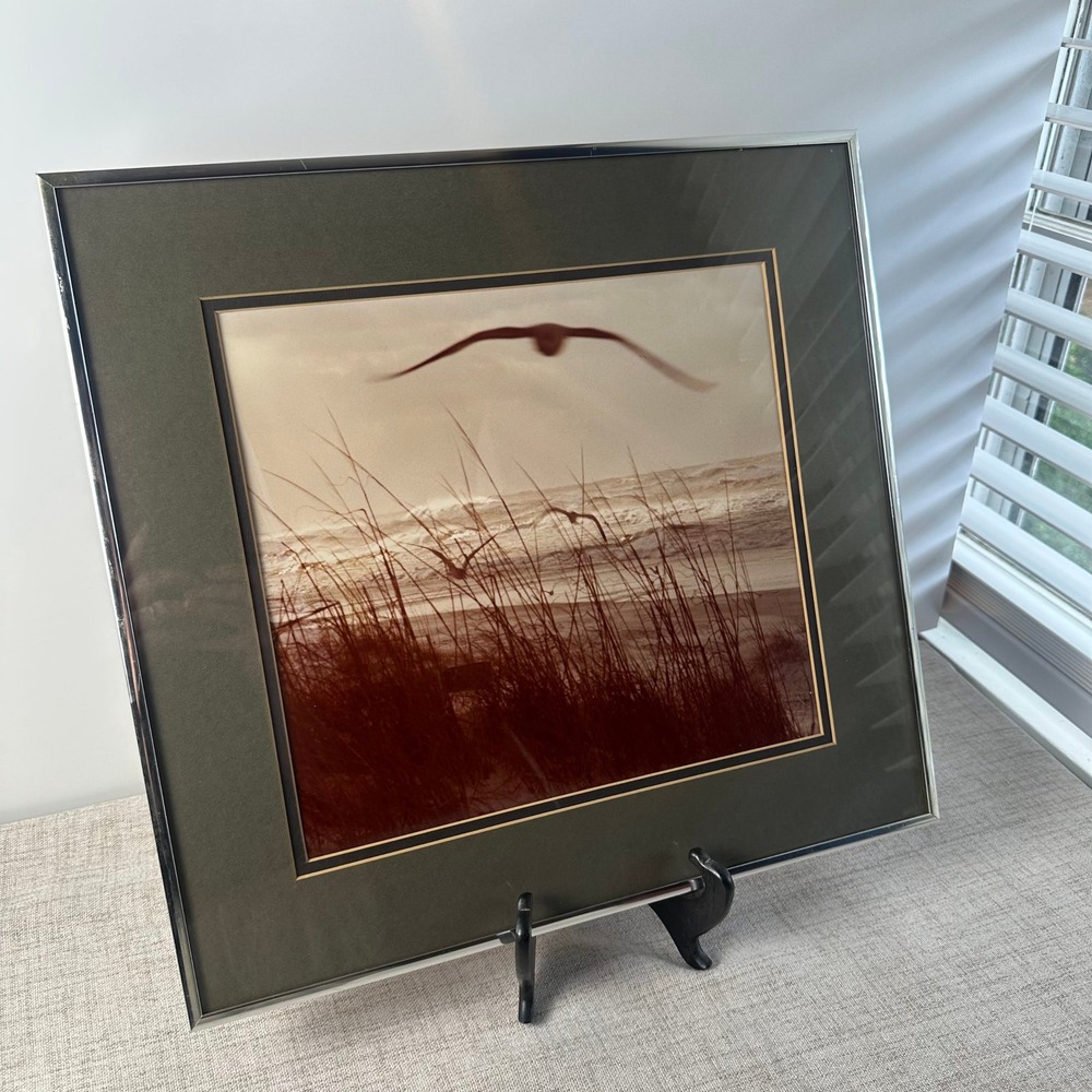 Vintage Sepia Coastal Photograph Seagulls Beach Chrome Frame 1980s